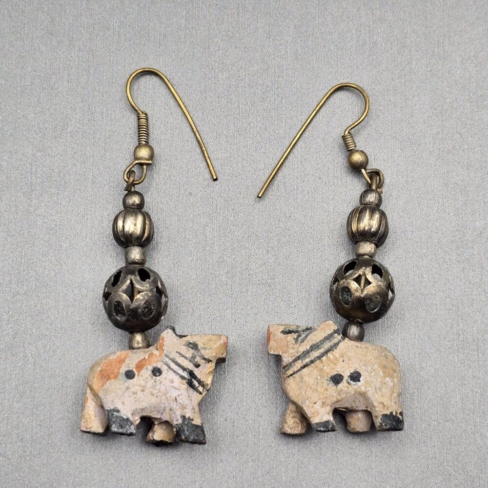 VTG Elephant Dangle Earrings 2.25" Carved Wood & Antique-Style Silver Beads - Picture 2 of 11